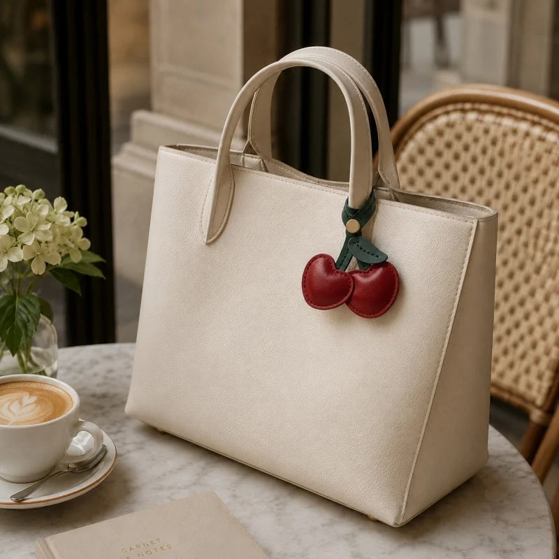 Dije de cuero con forma de corazón de cereza para bolso – Colgante artesanal de doble cereza en cuero flor | Precioso llavero con motivos frutales | Elegante accesorio para bolsos y totes