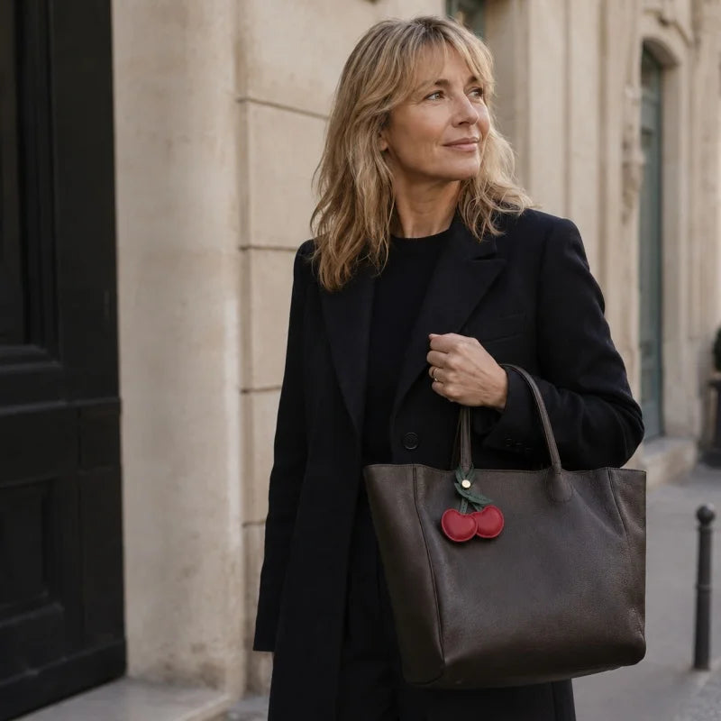 Dije de cuero con forma de corazón de cereza para bolso – Colgante artesanal de doble cereza en cuero flor | Precioso llavero con motivos frutales | Elegante accesorio para bolsos y totes
