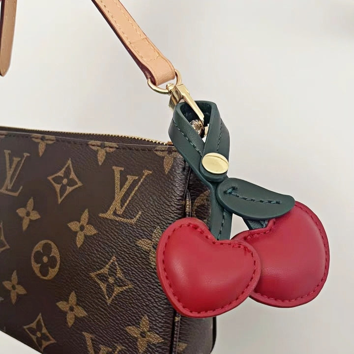 Cherry Heart Leather Bag Charm – Handcrafted Double-Cherry Pendant in Full-Grain Leather | Cute Fruit-Inspired Keychain | Elegant Accessory for Handbags & Totes