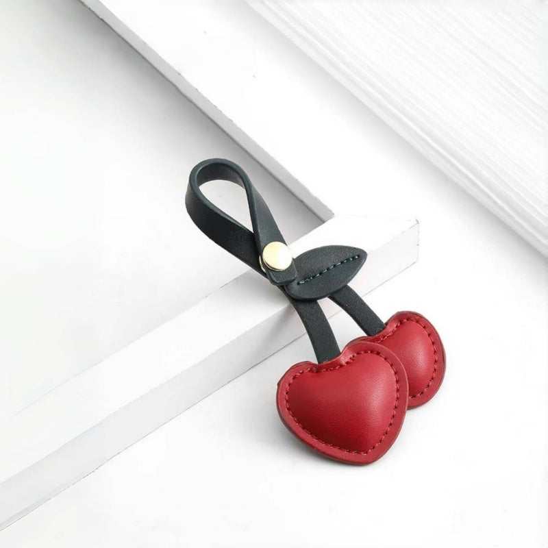 Cherry Heart Leather Bag Charm – Handcrafted Double-Cherry Pendant in Full-Grain Leather | Cute Fruit-Inspired Keychain | Elegant Accessory for Handbags & Totes