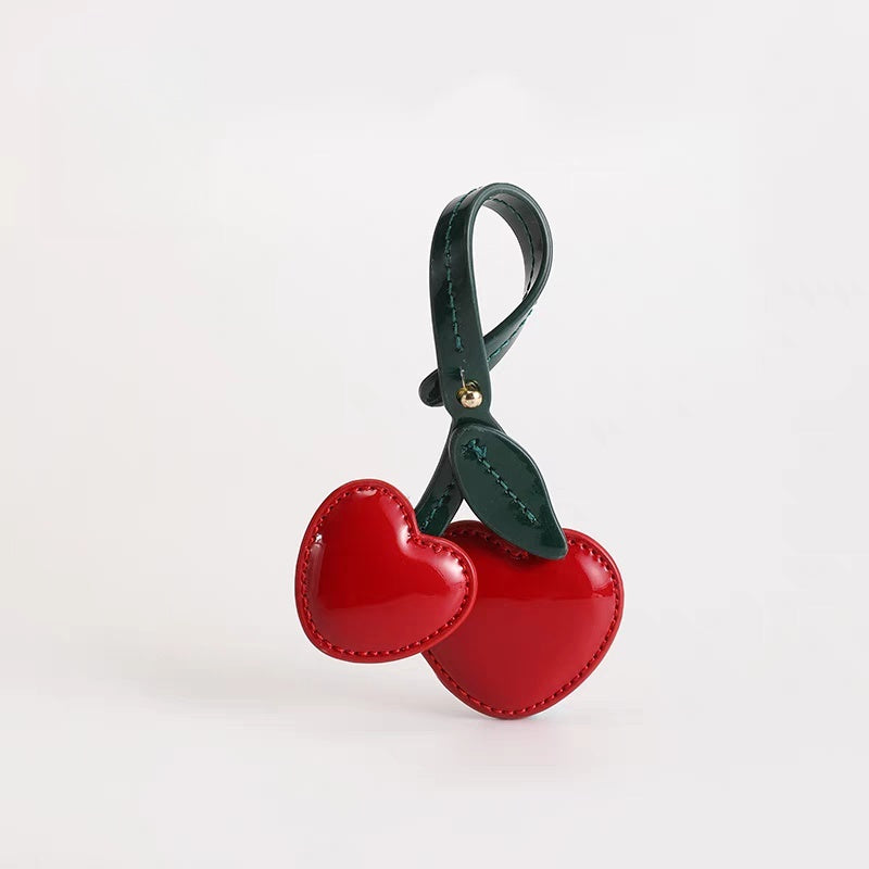 Cherry Heart Leather Bag Charm – Handcrafted Double-Cherry Pendant in Full-Grain Leather | Cute Fruit-Inspired Keychain | Elegant Accessory for Handbags & Totes