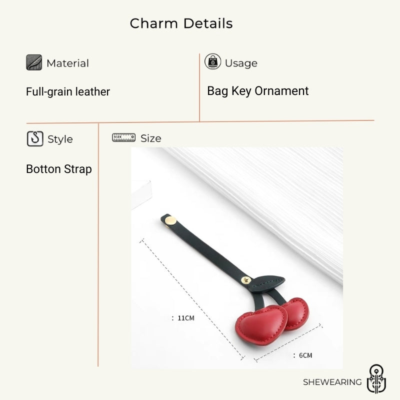Cherry Heart Leather Bag Charm – Handcrafted Double-Cherry Pendant in Full-Grain Leather | Cute Fruit-Inspired Keychain | Elegant Accessory for Handbags & Totes