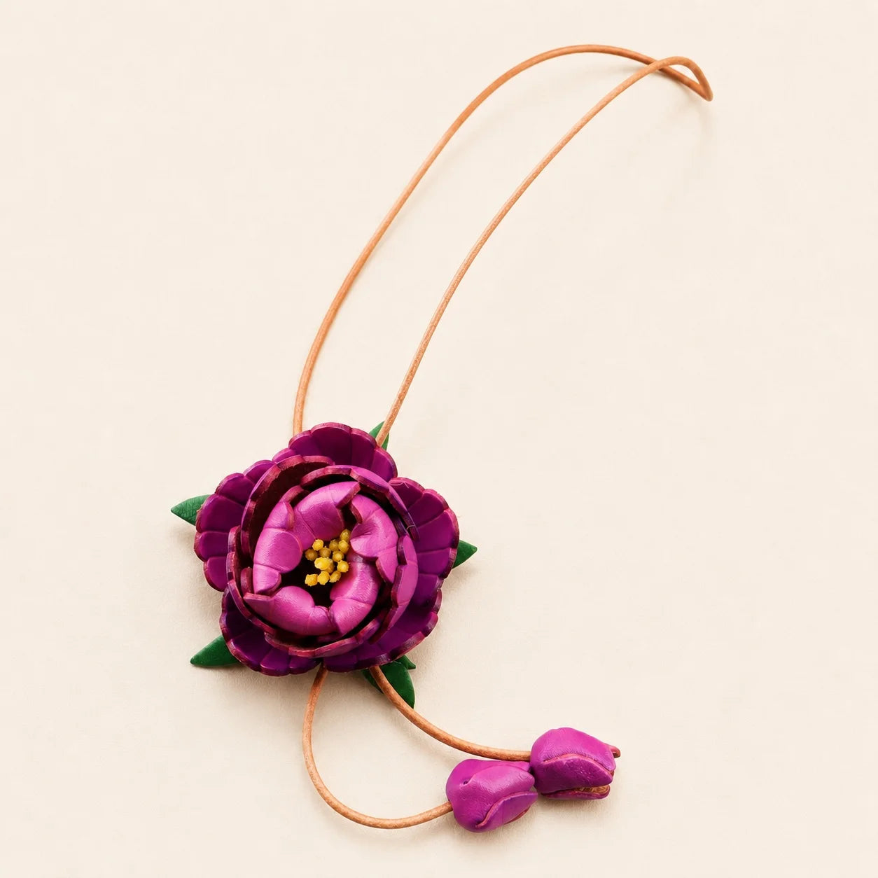 Handcrafted Vegetable-Tanned Leather Peony Bag Charm with Double Buds, Sculptural Floral Handbag Accessory in Five Expressive Colors