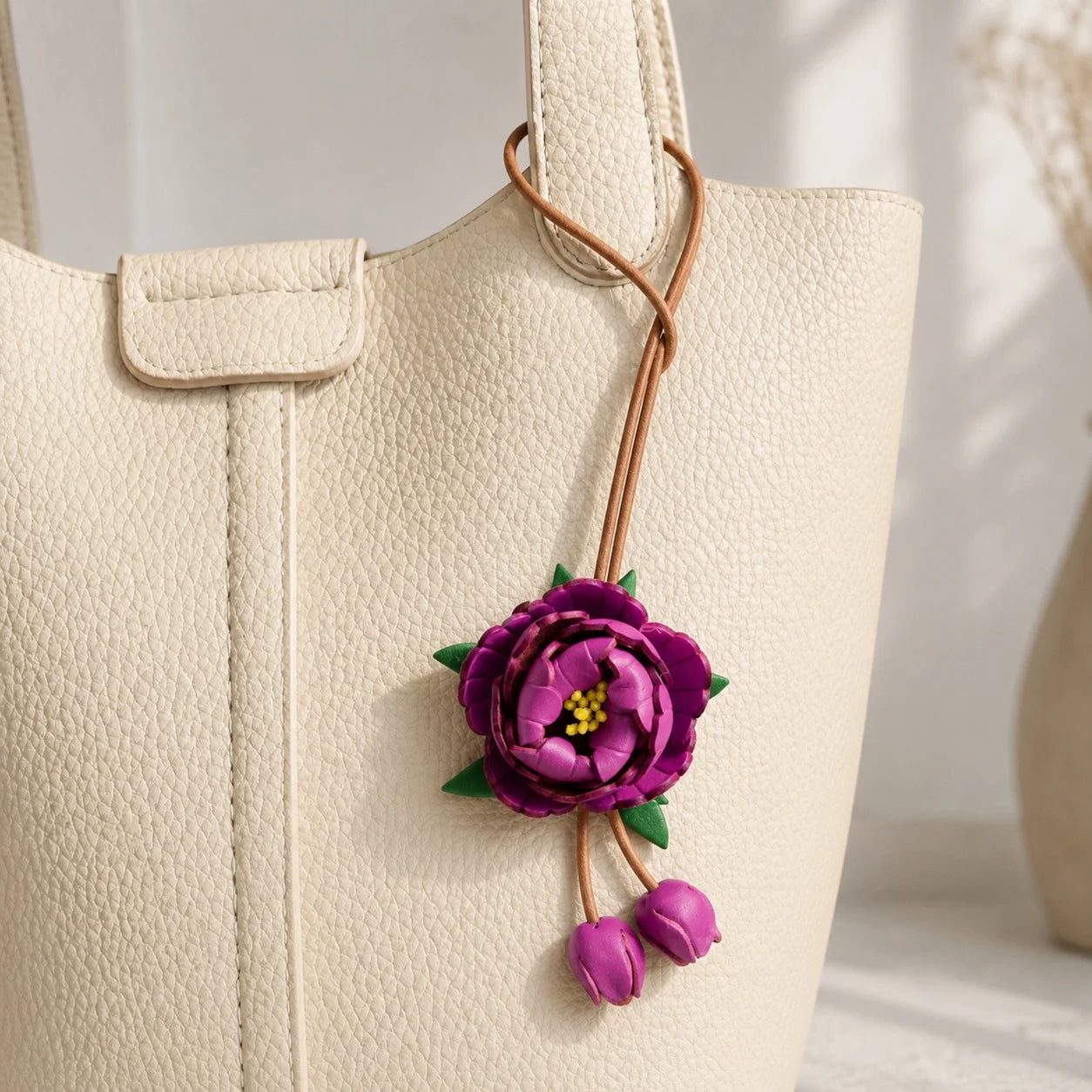 Handcrafted Vegetable-Tanned Leather Peony Bag Charm with Double Buds, Sculptural Floral Handbag Accessory in Five Expressive Colors