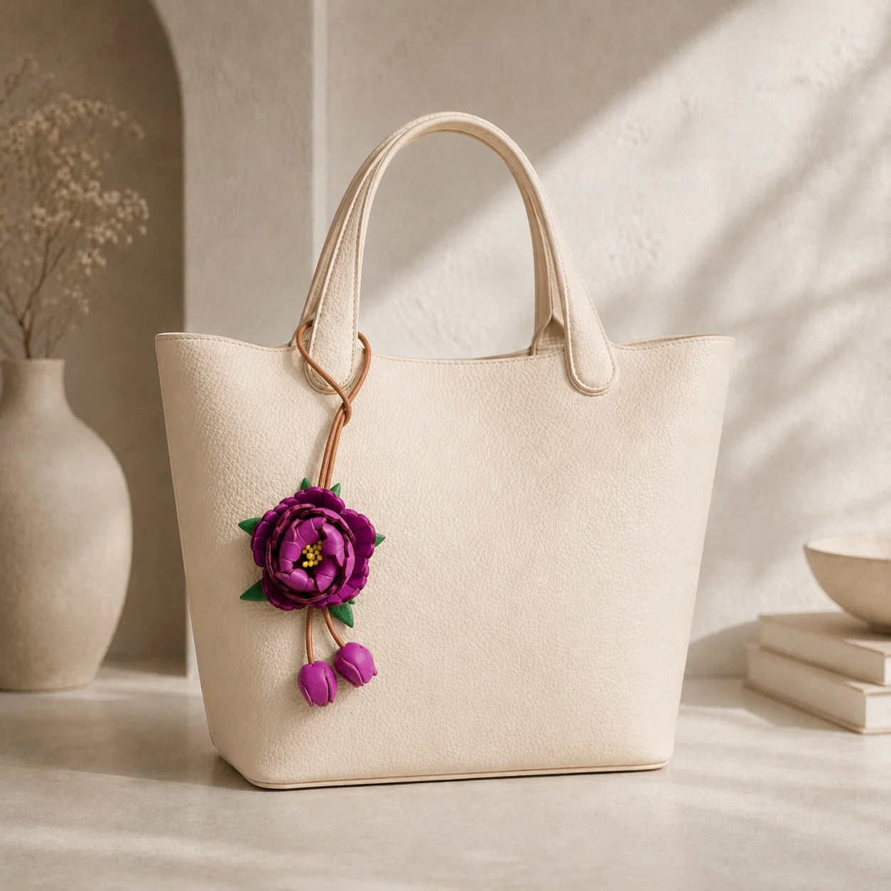 Handcrafted Vegetable-Tanned Leather Peony Bag Charm with Double Buds, Sculptural Floral Handbag Accessory in Five Expressive Colors