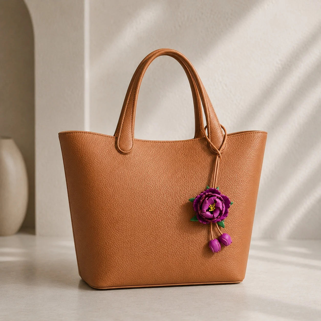 Handcrafted Vegetable-Tanned Leather Peony Bag Charm with Double Buds, Sculptural Floral Handbag Accessory in Five Expressive Colors