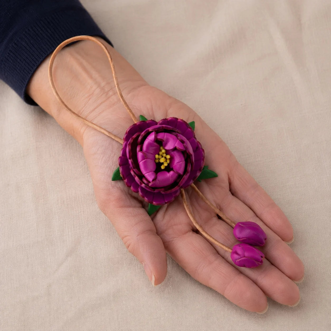 Handcrafted Vegetable-Tanned Leather Peony Bag Charm with Double Buds, Sculptural Floral Handbag Accessory in Five Expressive Colors