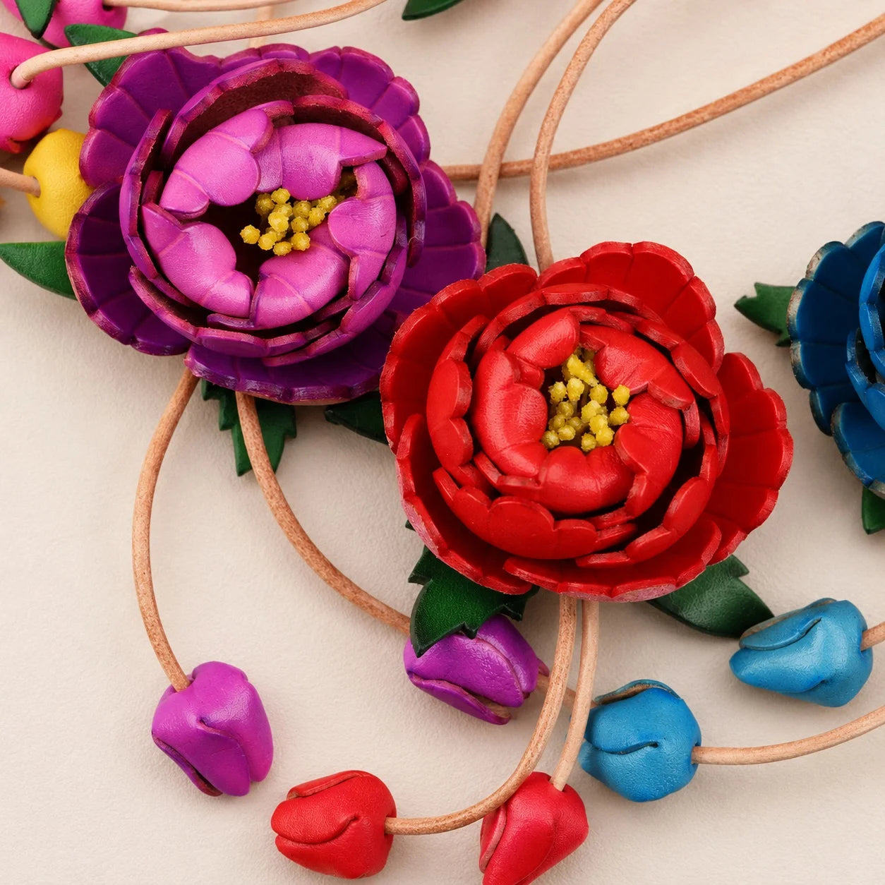Handcrafted Vegetable-Tanned Leather Peony Bag Charm with Double Buds, Sculptural Floral Handbag Accessory in Five Expressive Colors