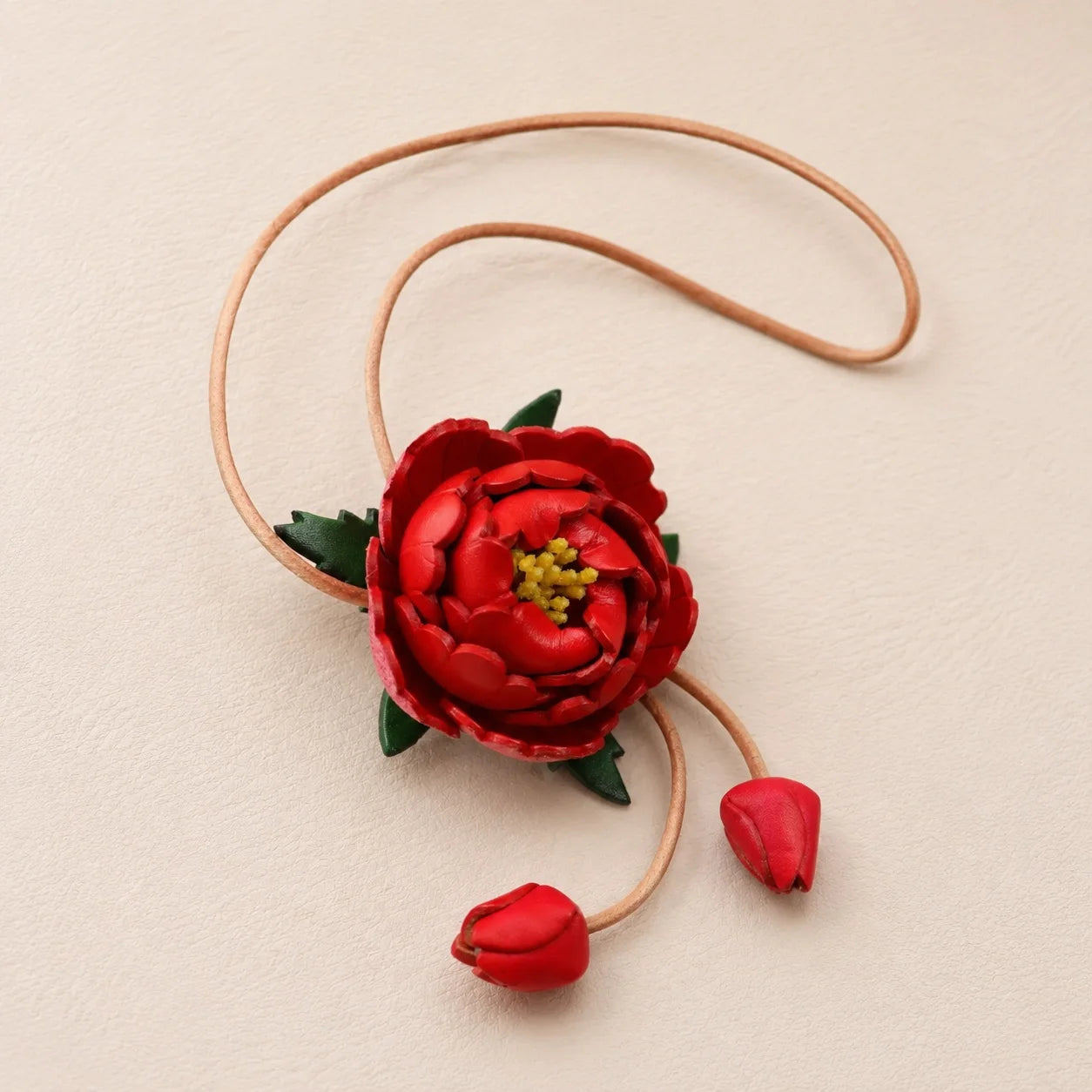 Handcrafted Vegetable-Tanned Leather Peony Bag Charm with Double Buds, Sculptural Floral Handbag Accessory in Five Expressive Colors