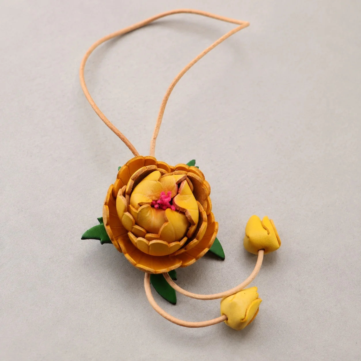 Handcrafted Vegetable-Tanned Leather Peony Bag Charm with Double Buds, Sculptural Floral Handbag Accessory in Five Expressive Colors
