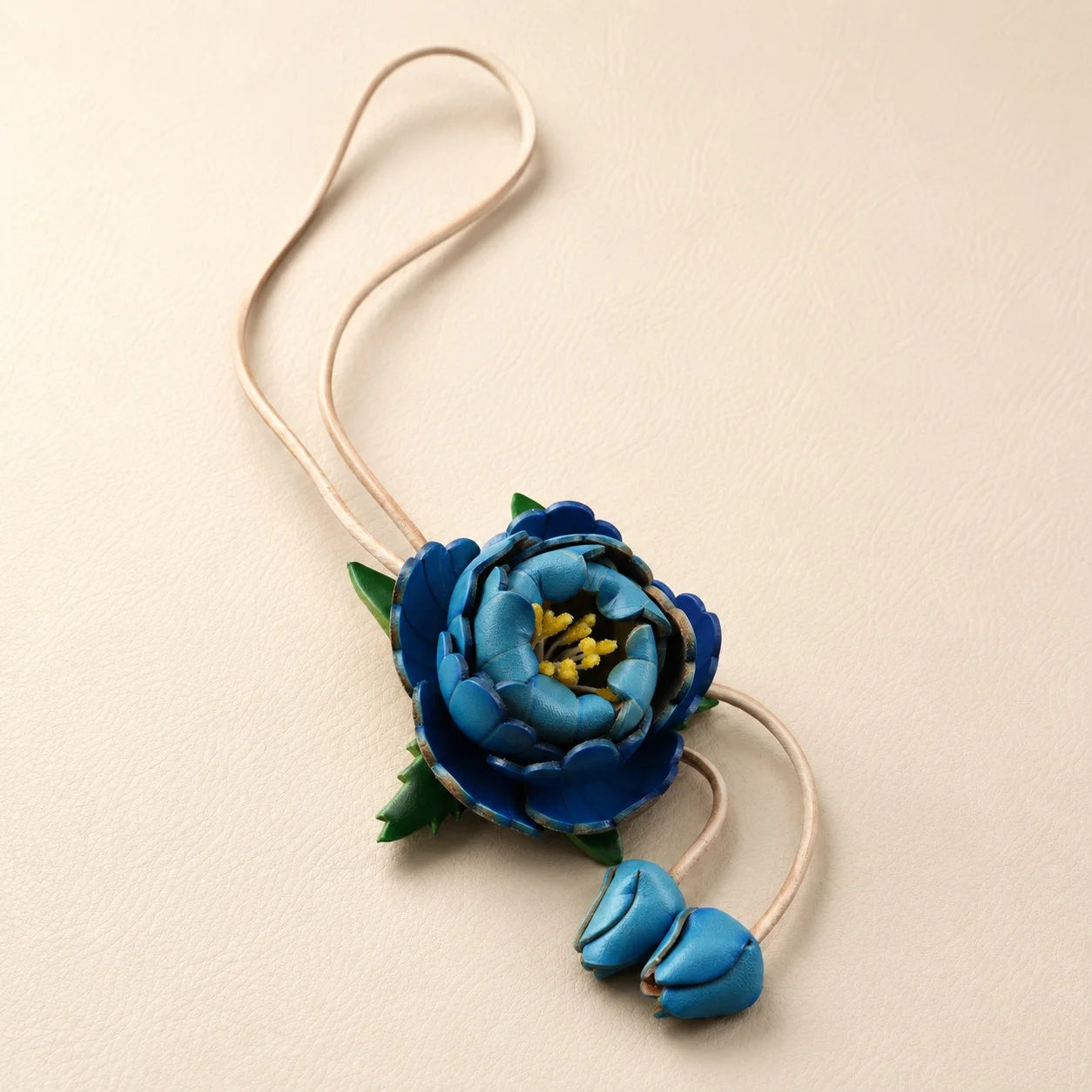 Handcrafted Vegetable-Tanned Leather Peony Bag Charm with Double Buds, Sculptural Floral Handbag Accessory in Five Expressive Colors