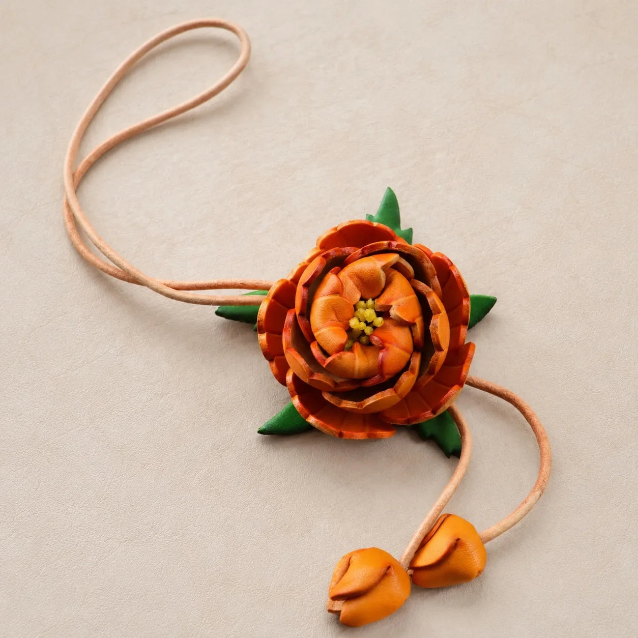 Handcrafted Vegetable-Tanned Leather Peony Bag Charm with Double Buds, Sculptural Floral Handbag Accessory in Five Expressive Colors
