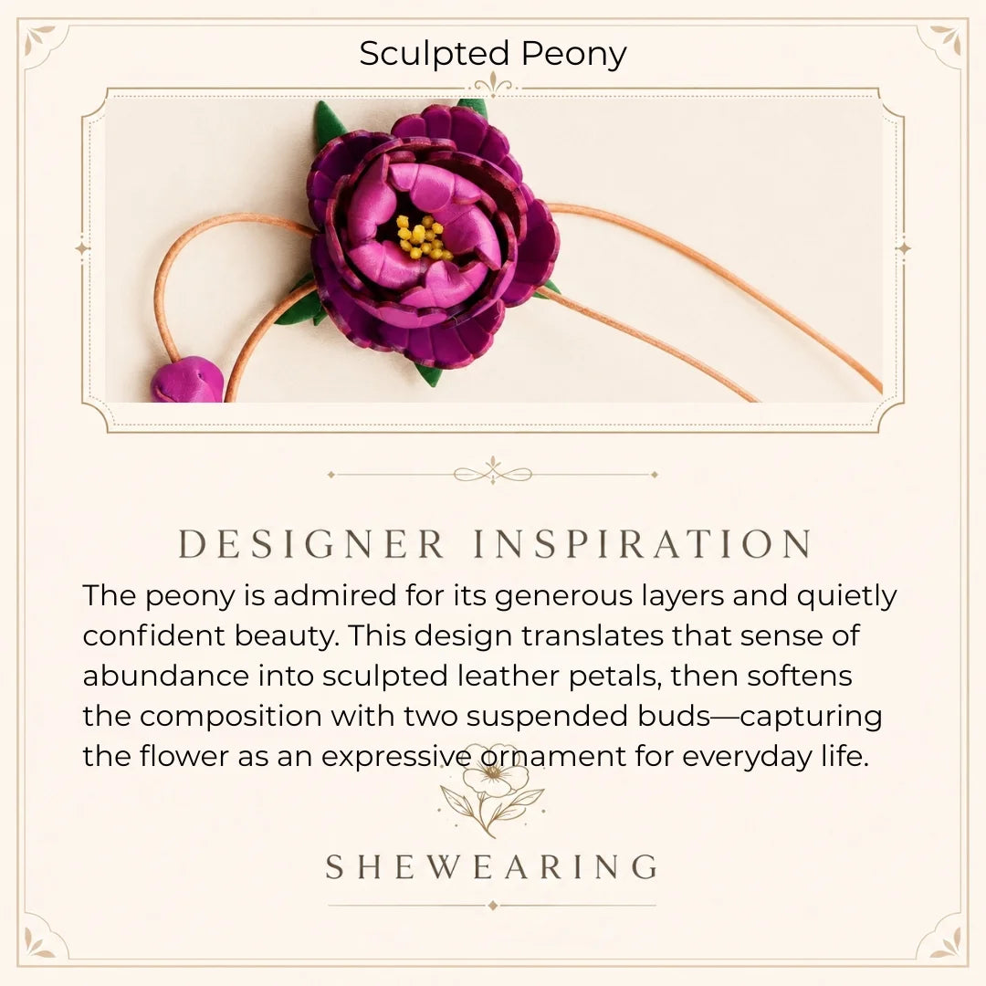 Handcrafted Vegetable-Tanned Leather Peony Bag Charm with Double Buds, Sculptural Floral Handbag Accessory in Five Expressive Colors