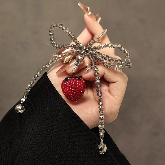 Crystal Strawberry Bow Phone Charm – Handmade Red Rhinestone Pendant with Gray Crystal Beads | Convertible Bag & Keychain Accessory | Elegant Girly Gift