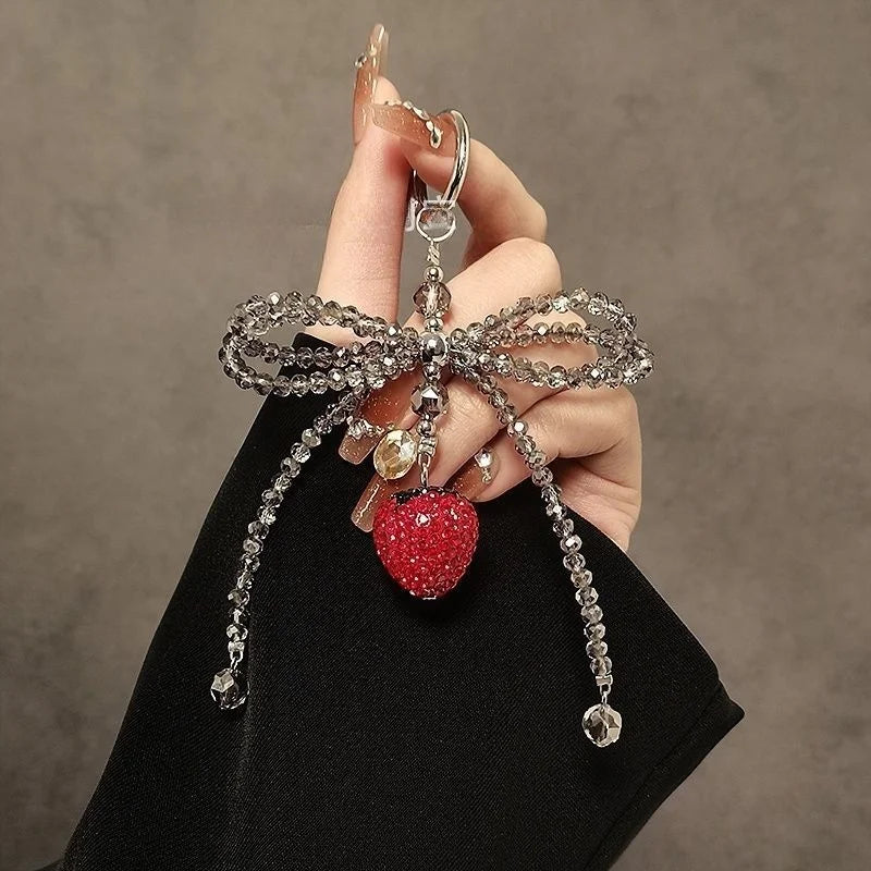 Crystal Strawberry Bow Phone Charm – Handmade Red Rhinestone Pendant with Gray Crystal Beads | Convertible Bag & Keychain Accessory | Elegant Girly Gift