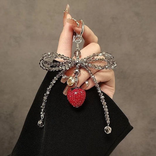 Crystal Strawberry Bow Phone Charm – Handmade Red Rhinestone Pendant with Gray Crystal Beads | Convertible Bag & Keychain Accessory | Elegant Girly Gift