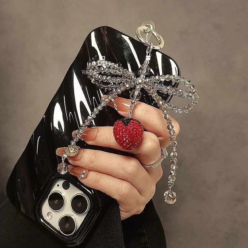 Crystal Strawberry Bow Phone Charm – Handmade Red Rhinestone Pendant with Gray Crystal Beads | Convertible Bag & Keychain Accessory | Elegant Girly Gift