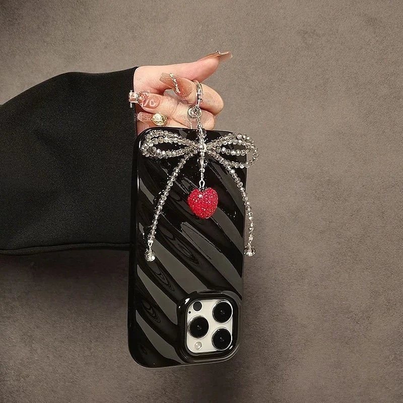 Crystal Strawberry Bow Phone Charm – Handmade Red Rhinestone Pendant with Gray Crystal Beads | Convertible Bag & Keychain Accessory | Elegant Girly Gift