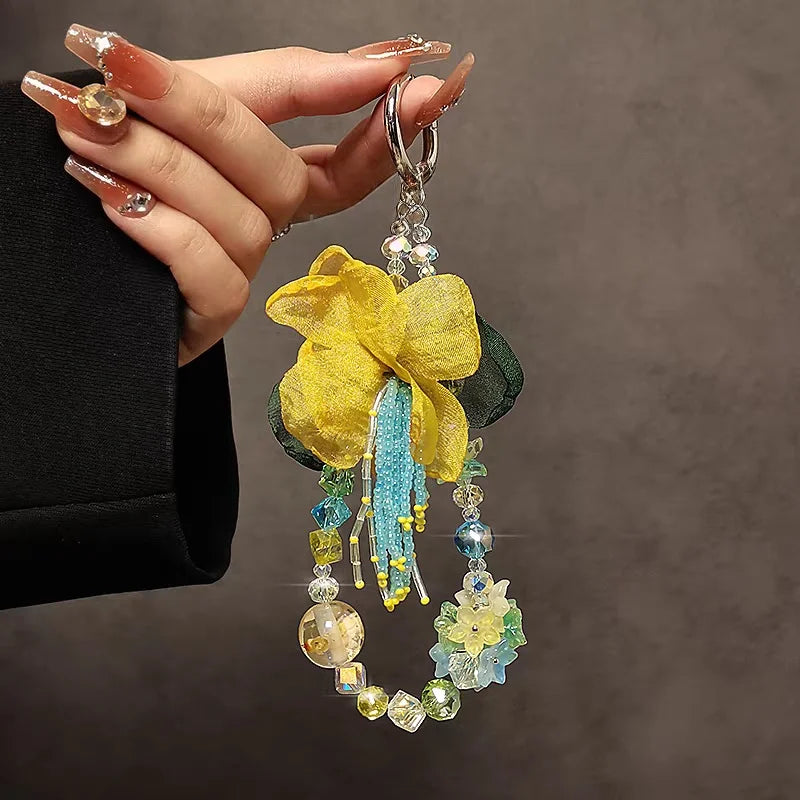 Luxury Yellow Floral Crystal Beaded Charm – Short Wrist Strap Phone Chain & Convertible Bag Pendant | Handmade Organza Flower Accessory with Iridescent Beads
