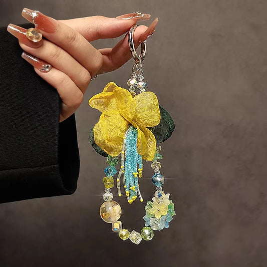 Luxury Yellow Floral Crystal Beaded Charm – Short Wrist Strap Phone Chain & Convertible Bag Pendant | Handmade Organza Flower Accessory with Iridescent Beads