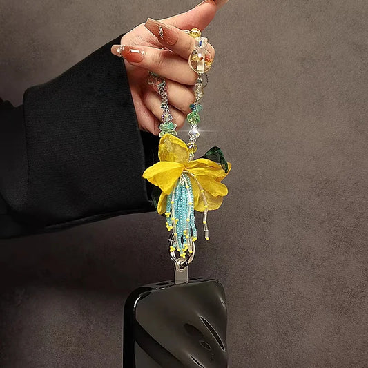 Luxury Yellow Floral Crystal Beaded Charm – Short Wrist Strap Phone Chain & Convertible Bag Pendant | Handmade Organza Flower Accessory with Iridescent Beads