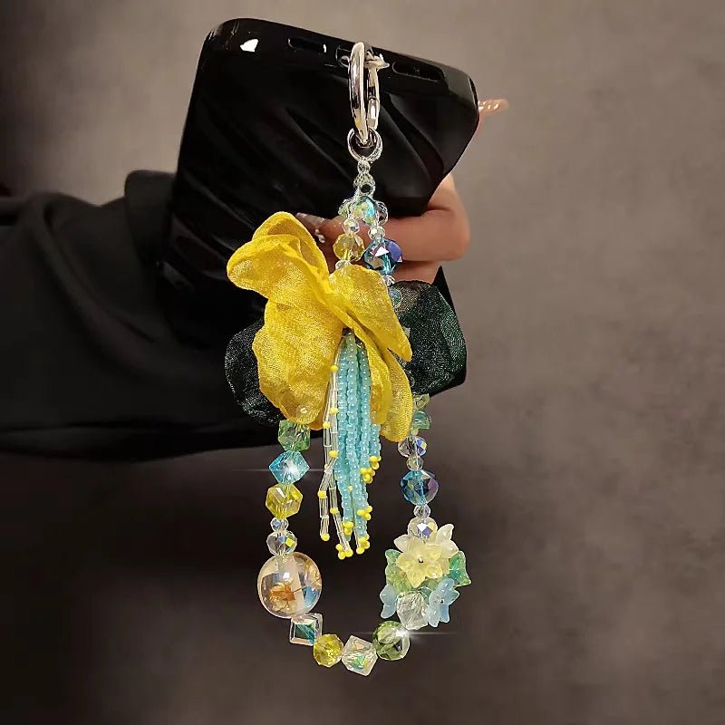 Luxury Yellow Floral Crystal Beaded Charm – Short Wrist Strap Phone Chain & Convertible Bag Pendant | Handmade Organza Flower Accessory with Iridescent Beads