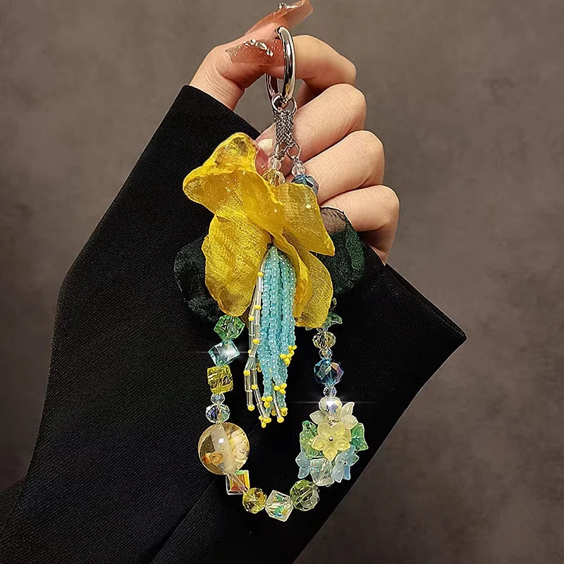 Luxury Yellow Floral Crystal Beaded Charm – Short Wrist Strap Phone Chain & Convertible Bag Pendant | Handmade Organza Flower Accessory with Iridescent Beads