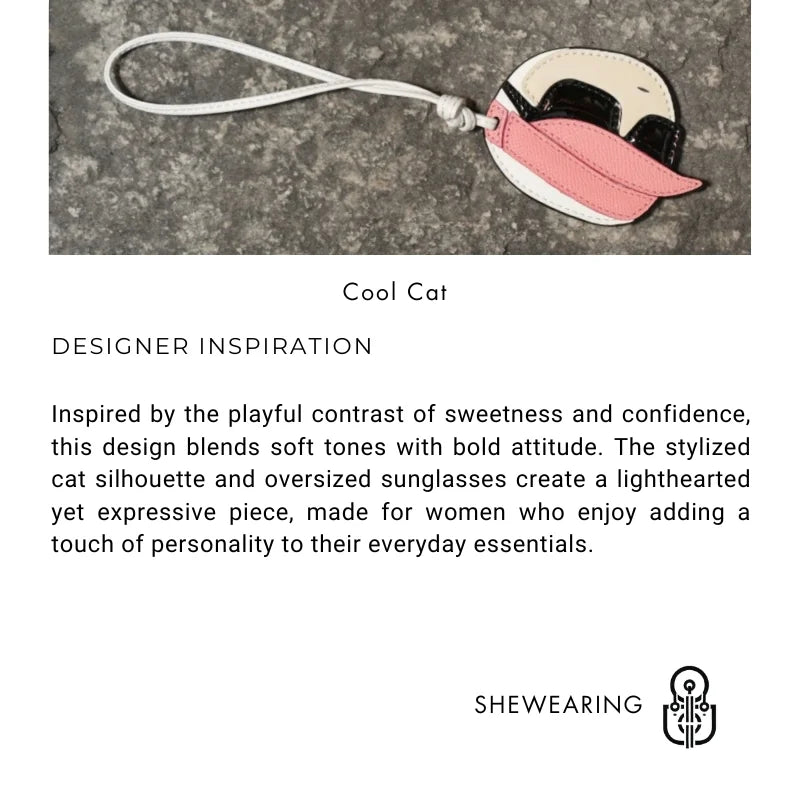 Cool Cat Leather Bag Charm – Handmade Full-Grain Leather Girl Pendant | Stylish Sunglasses Kitty Handbag Accessory Keychain | Gift for Her