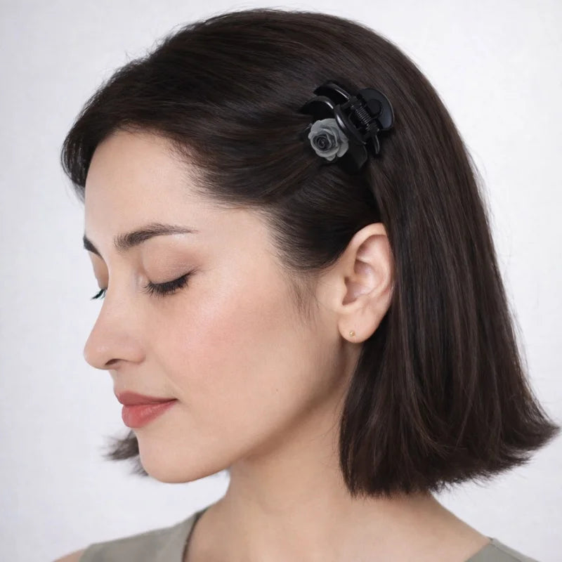 Elegant Black Rose Mini Hair Claw Clip – French Style Small Hair Accessory | Lightweight Secure Hold Clip for Half-Up Styling | Subtle Everyday Elegance Gift for Her