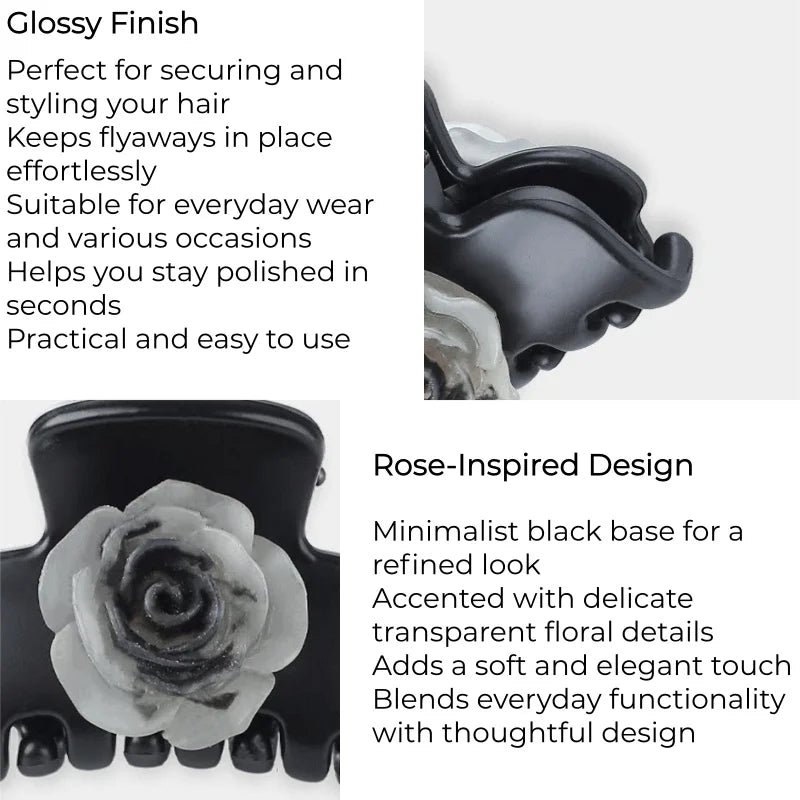 Elegant Black Rose Mini Hair Claw Clip – French Style Small Hair Accessory | Lightweight Secure Hold Clip for Half-Up Styling | Subtle Everyday Elegance Gift for Her