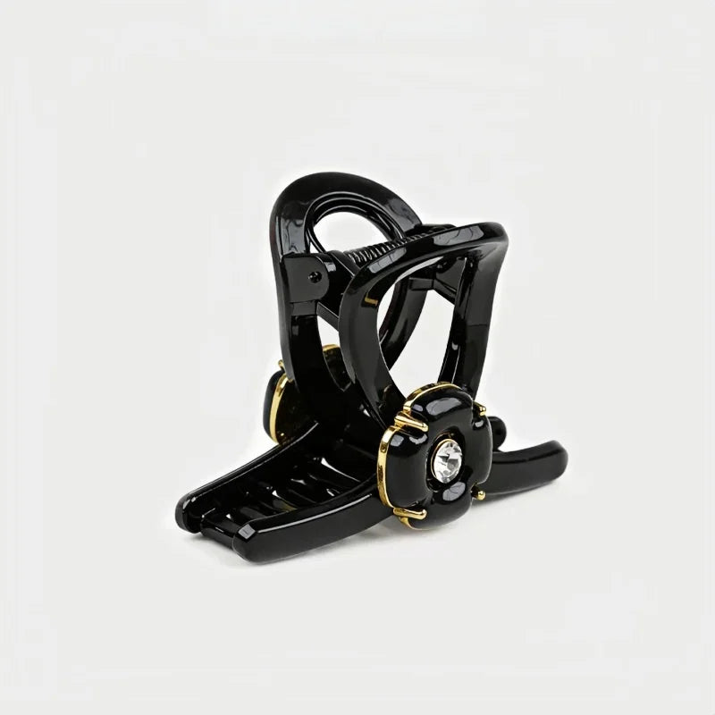 Elegant Black Camellia Crystal Hair Claw Clip – French Vintage Style Acetate Hair Accessory | Strong Hold Large Claw Clip with Gold Detail | Refined Everyday Styling Gift for Her