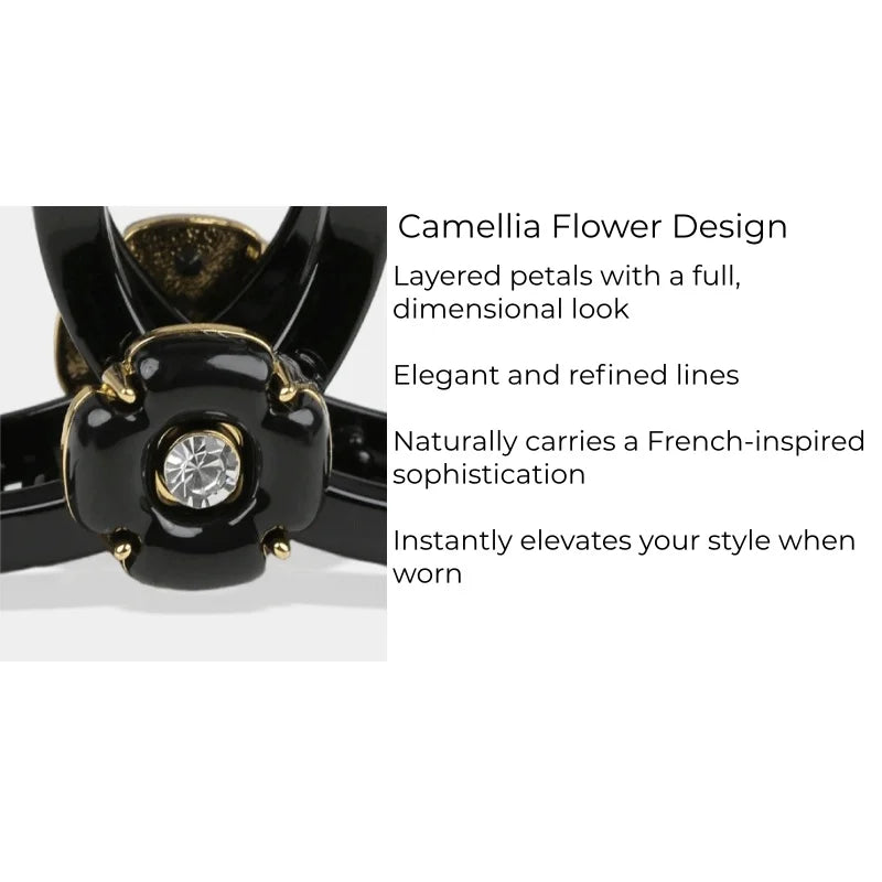 Elegant Black Camellia Crystal Hair Claw Clip – French Vintage Style Acetate Hair Accessory | Strong Hold Large Claw Clip with Gold Detail | Refined Everyday Styling Gift for Her