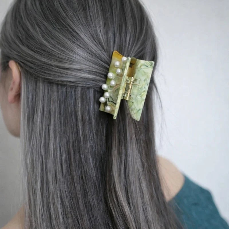 Forest Pearl Acetate Hair Claw Clip – Elegant French-Inspired Green Hair Accessory | Handmade Marble Texture Claw Clip with Pearl Detail | Chic Secure Hair Clip Gift for Her