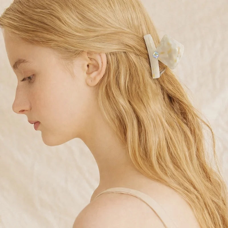 Ivory Marble Acetate Hair Claw Clip – Elegant Geometric French-Inspired Hair Accessory | Handmade Textured Square Design with Crystal Accent | Chic Minimal Hair Clip Gift for Her