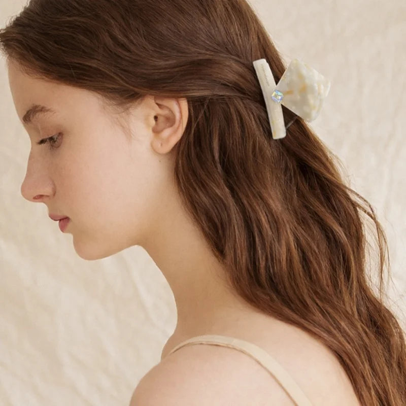 Ivory Marble Acetate Hair Claw Clip – Elegant Geometric French-Inspired Hair Accessory | Handmade Textured Square Design with Crystal Accent | Chic Minimal Hair Clip Gift for Her