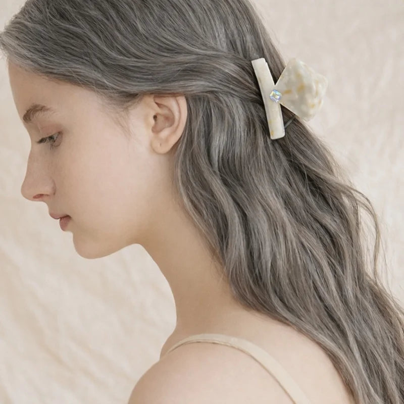 Ivory Marble Acetate Hair Claw Clip – Elegant Geometric French-Inspired Hair Accessory | Handmade Textured Square Design with Crystal Accent | Chic Minimal Hair Clip Gift for Her