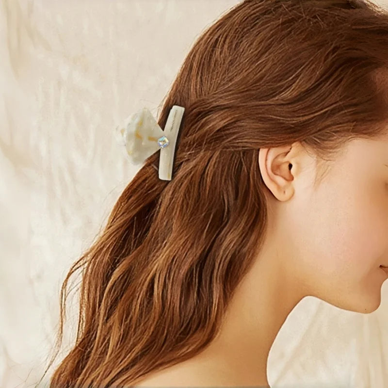 Ivory Marble Acetate Hair Claw Clip – Elegant Geometric French-Inspired Hair Accessory | Handmade Textured Square Design with Crystal Accent | Chic Minimal Hair Clip Gift for Her