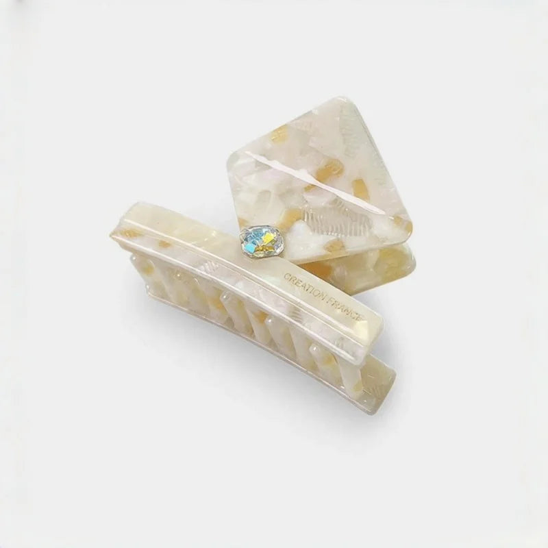 Ivory Marble Acetate Hair Claw Clip – Elegant Geometric French-Inspired Hair Accessory | Handmade Textured Square Design with Crystal Accent | Chic Minimal Hair Clip Gift for Her