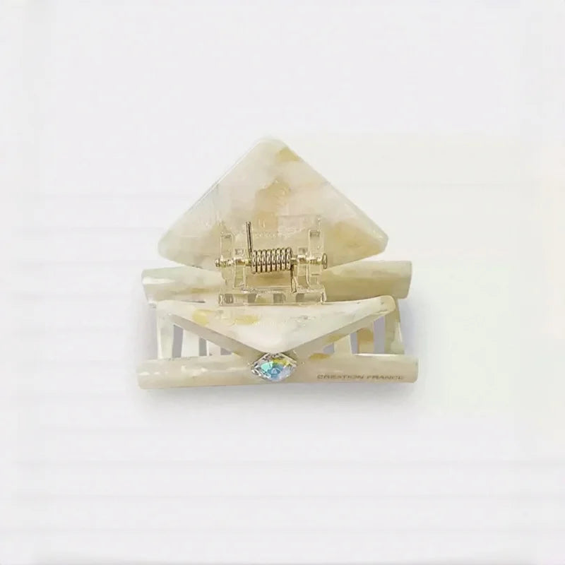 Ivory Marble Acetate Hair Claw Clip – Elegant Geometric French-Inspired Hair Accessory | Handmade Textured Square Design with Crystal Accent | Chic Minimal Hair Clip Gift for Her