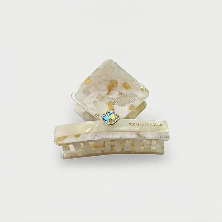 Ivory Marble Acetate Hair Claw Clip – Elegant Geometric French-Inspired Hair Accessory | Handmade Textured Square Design with Crystal Accent | Chic Minimal Hair Clip Gift for Her