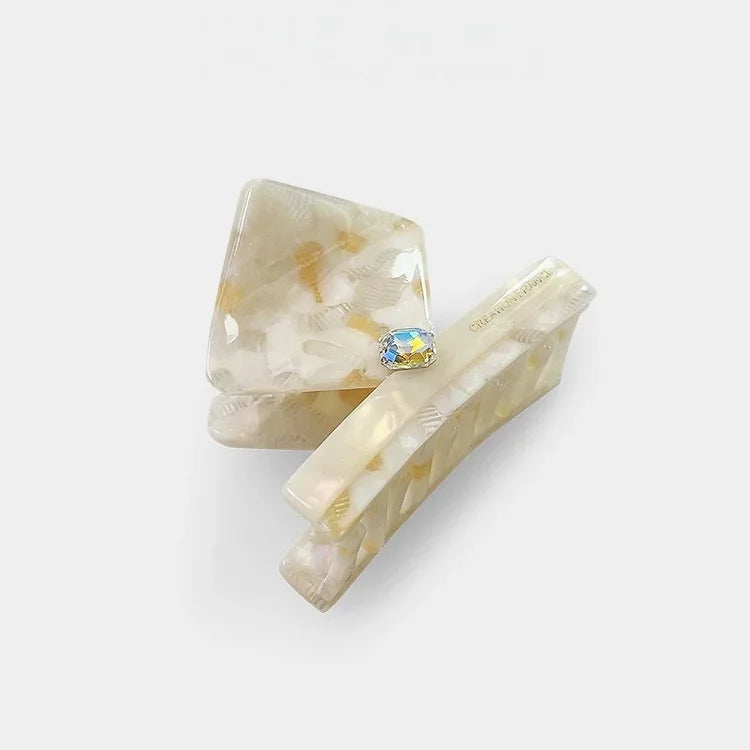 Ivory Marble Acetate Hair Claw Clip – Elegant Geometric French-Inspired Hair Accessory | Handmade Textured Square Design with Crystal Accent | Chic Minimal Hair Clip Gift for Her