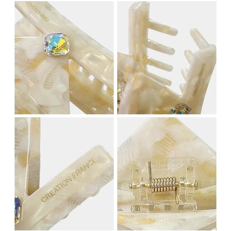 Ivory Marble Acetate Hair Claw Clip – Elegant Geometric French-Inspired Hair Accessory | Handmade Textured Square Design with Crystal Accent | Chic Minimal Hair Clip Gift for Her