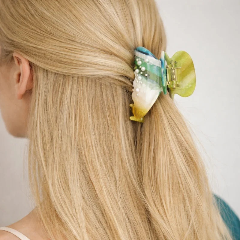 Multicolor Butterfly Acetate Hair Claw Clip – Elegant Forest-Inspired Hair Accessory | Handmade Marble Clip with Pearl Detail | Artistic Chic Hair Clip Gift for Her