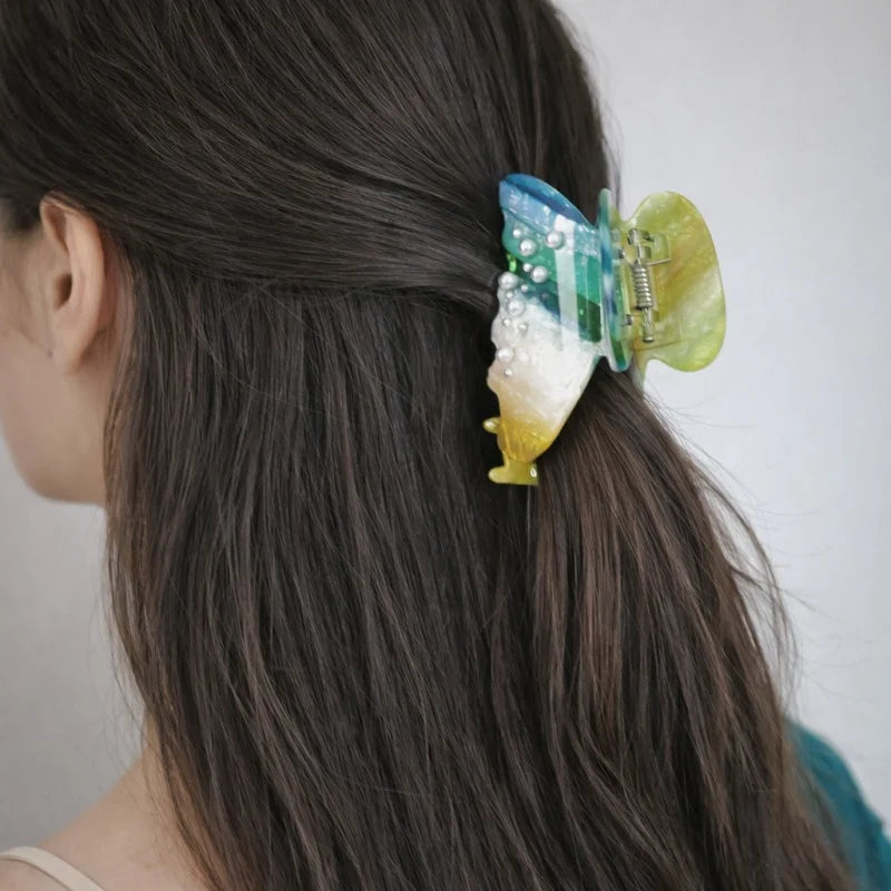 Multicolor Butterfly Acetate Hair Claw Clip – Elegant Forest-Inspired Hair Accessory | Handmade Marble Clip with Pearl Detail | Artistic Chic Hair Clip Gift for Her