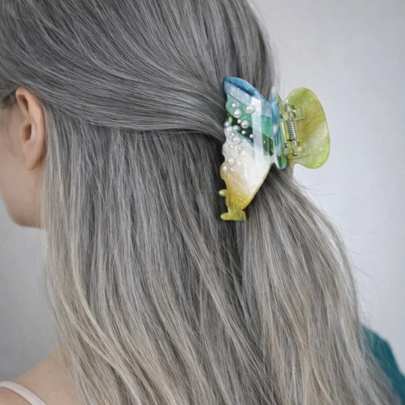 Multicolor Butterfly Acetate Hair Claw Clip – Elegant Forest-Inspired Hair Accessory | Handmade Marble Clip with Pearl Detail | Artistic Chic Hair Clip Gift for Her