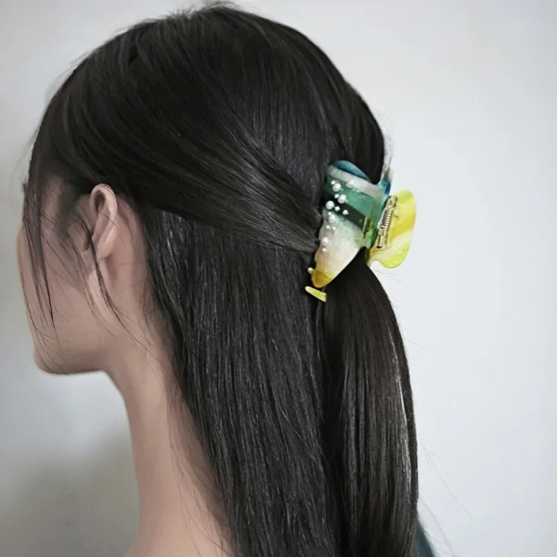 Multicolor Butterfly Acetate Hair Claw Clip – Elegant Forest-Inspired Hair Accessory | Handmade Marble Clip with Pearl Detail | Artistic Chic Hair Clip Gift for Her