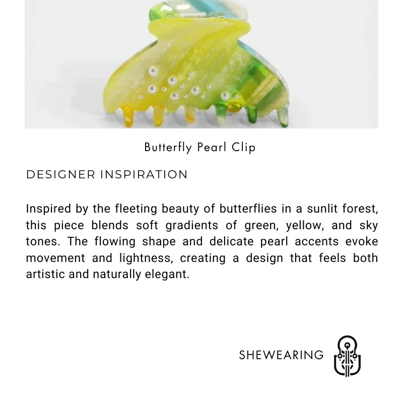 Multicolor Butterfly Acetate Hair Claw Clip – Elegant Forest-Inspired Hair Accessory | Handmade Marble Clip with Pearl Detail | Artistic Chic Hair Clip Gift for Her