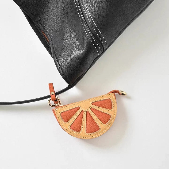 Citrus Slice Leather Mini Pouch – Handcrafted Orange Wedge Coin Purse and Bag Charm | Full-Grain Cowhide | Small Card Holder & Accessory Pouch | Unique Gift Idea
