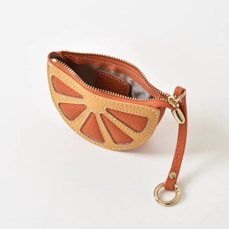Citrus Slice Leather Mini Pouch – Handcrafted Orange Wedge Coin Purse and Bag Charm | Full-Grain Cowhide | Small Card Holder & Accessory Pouch | Unique Gift Idea