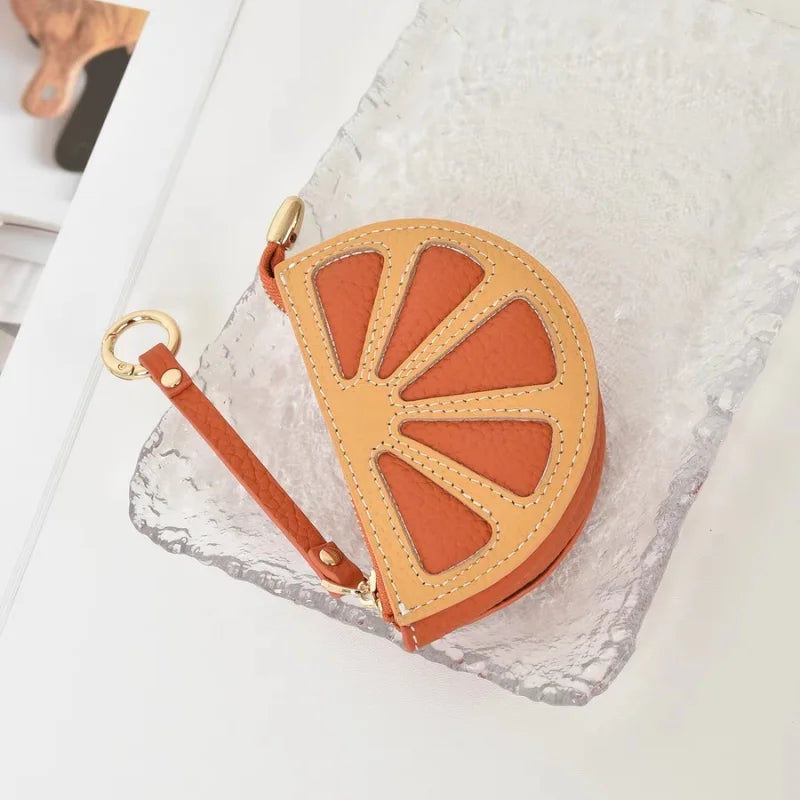 Citrus Slice Leather Mini Pouch – Handcrafted Orange Wedge Coin Purse and Bag Charm | Full-Grain Cowhide | Small Card Holder & Accessory Pouch | Unique Gift Idea